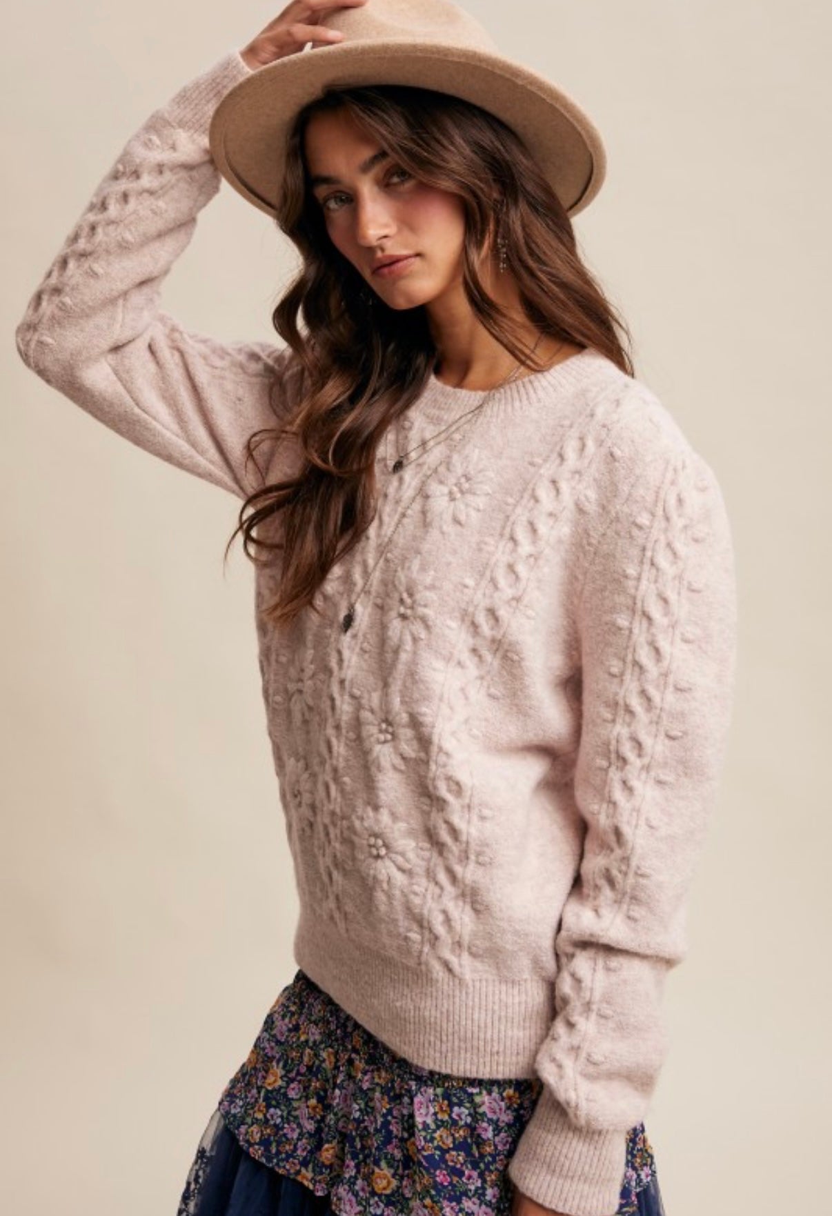 Rose Floral Cable Knit Sweater