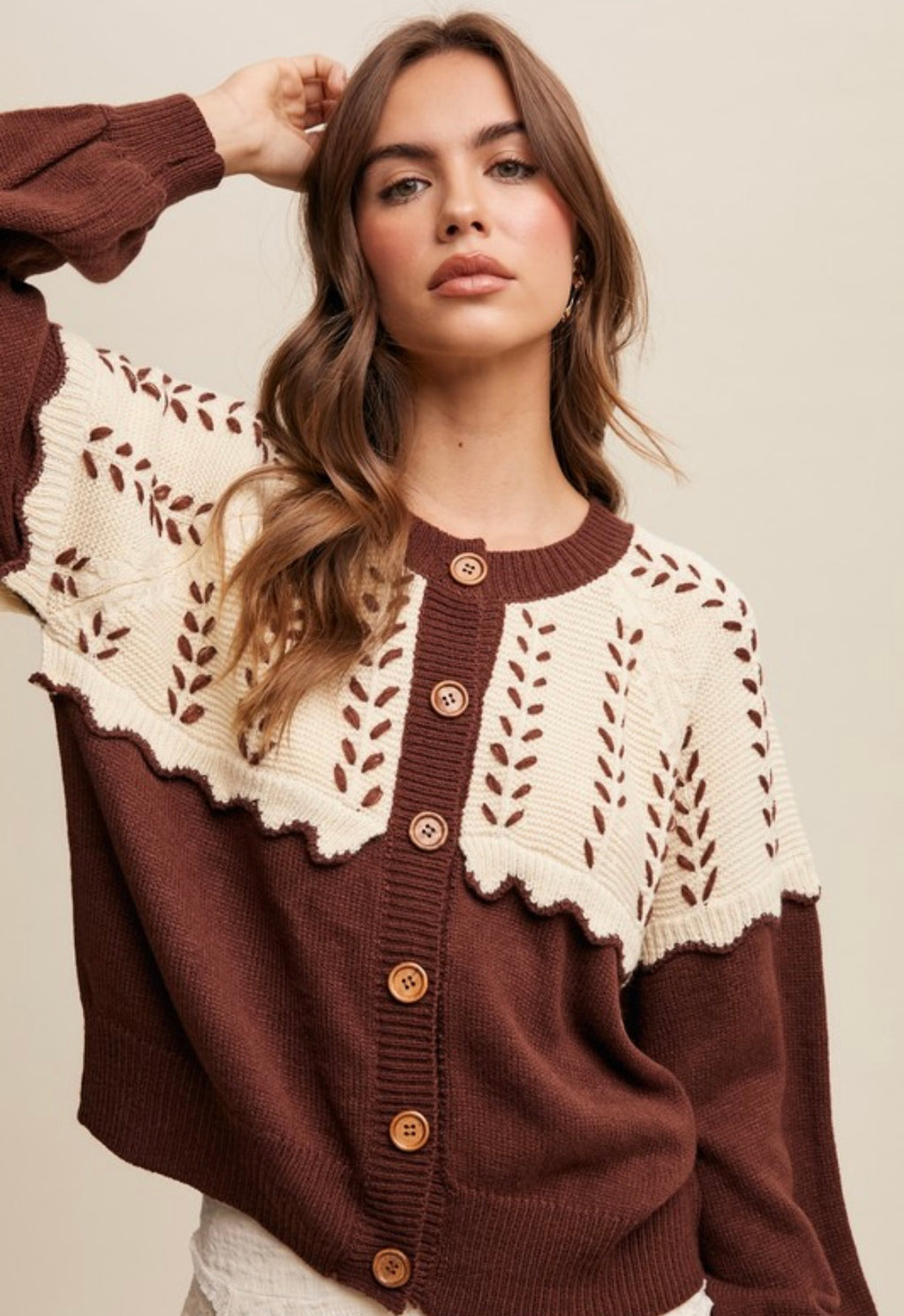 Colorblock Scallop Detail Sweater Chocolate