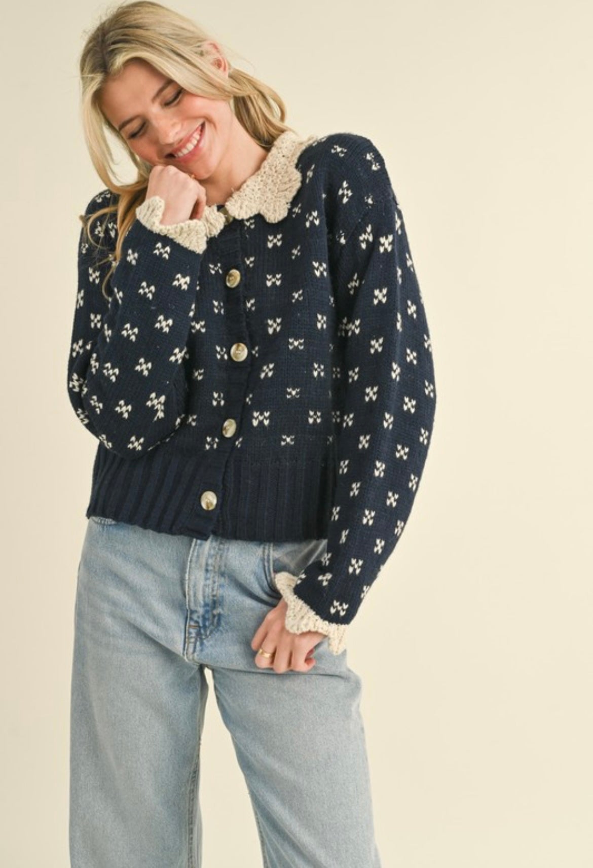 Doll Collar Cardigan Navy Blue