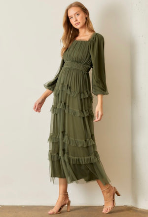 Ruffle Tiered Dress Dark Olive