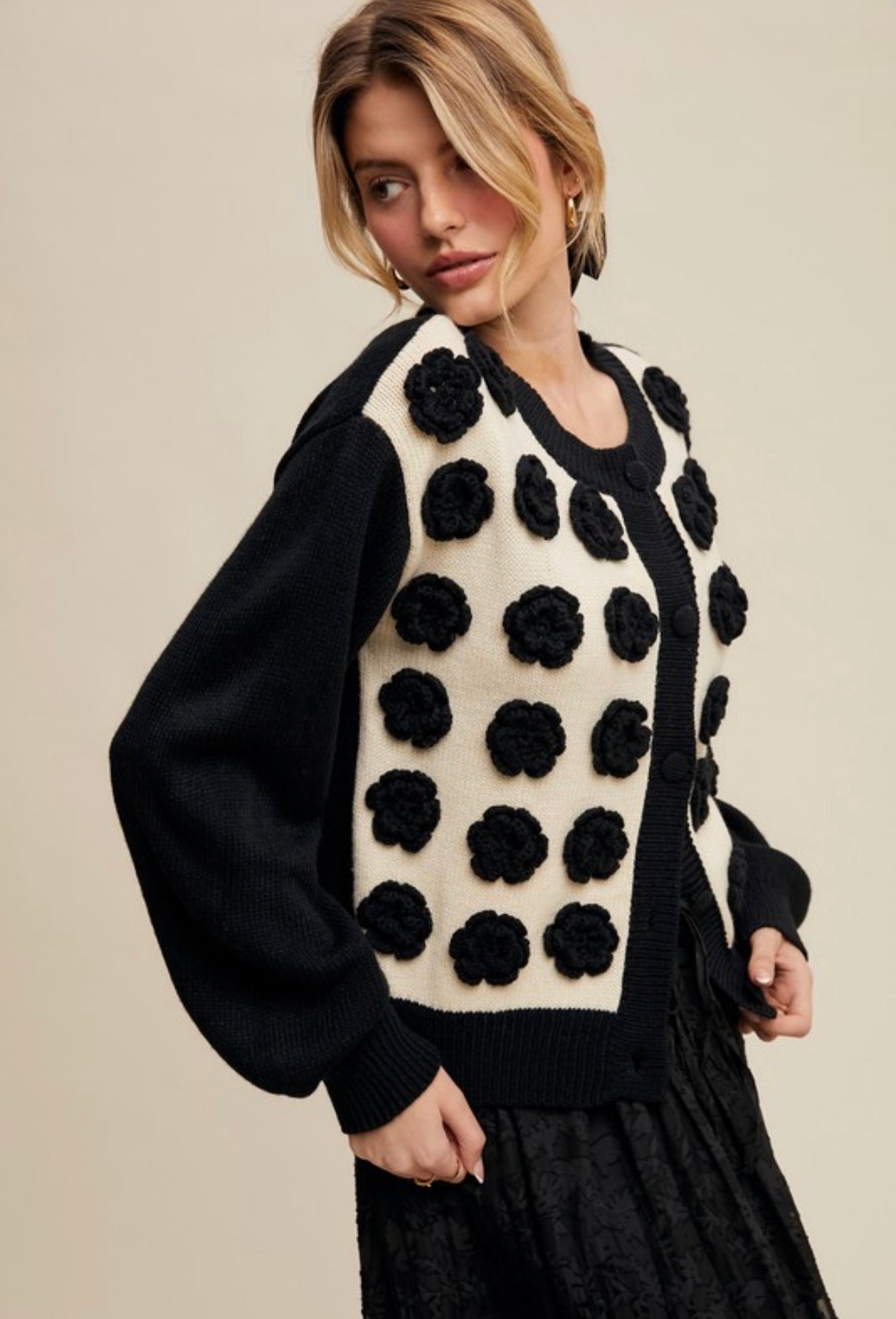 Handmade Rose Appliqué Cropped Sweater