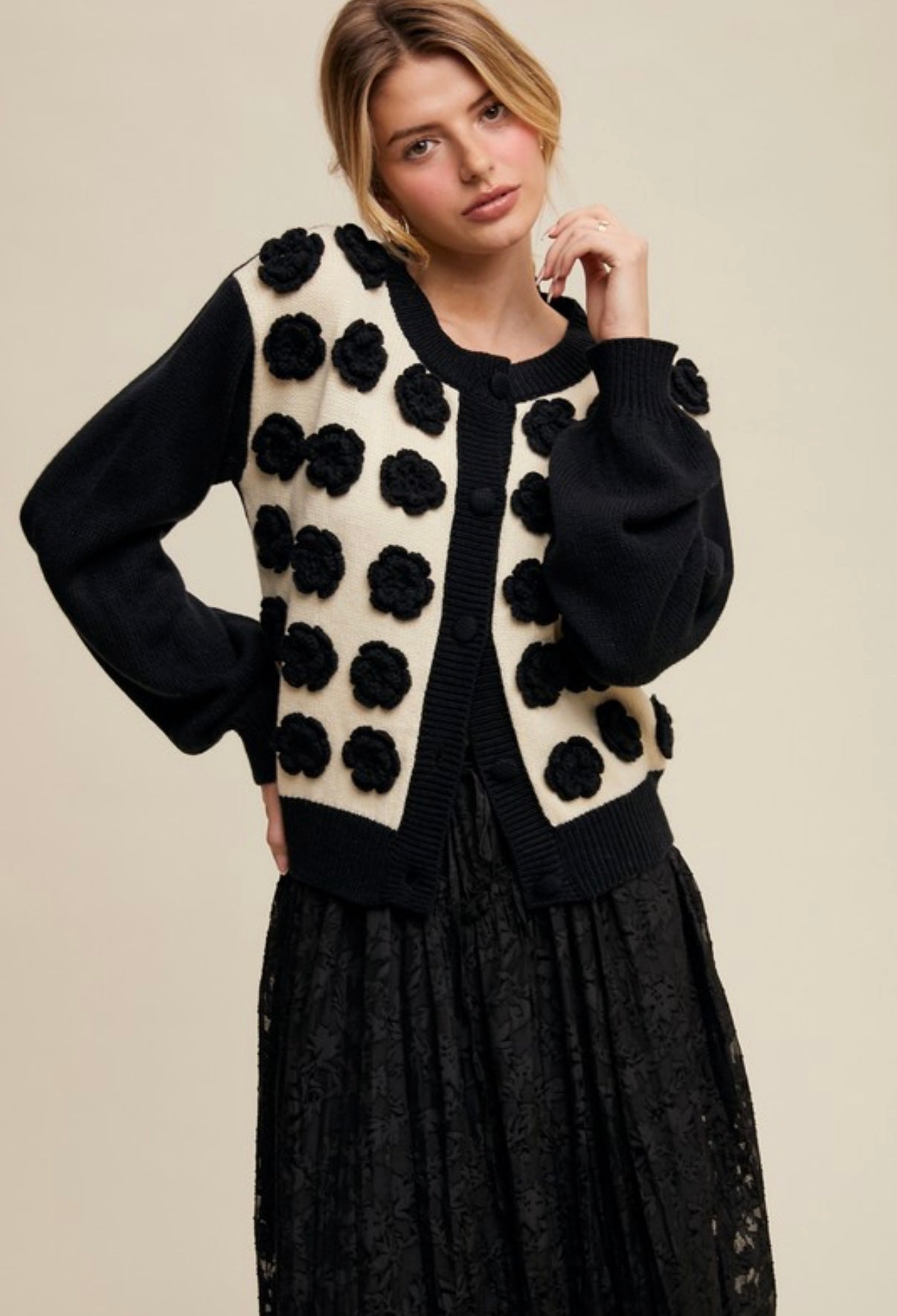 Handmade Rose Appliqué Cropped Sweater