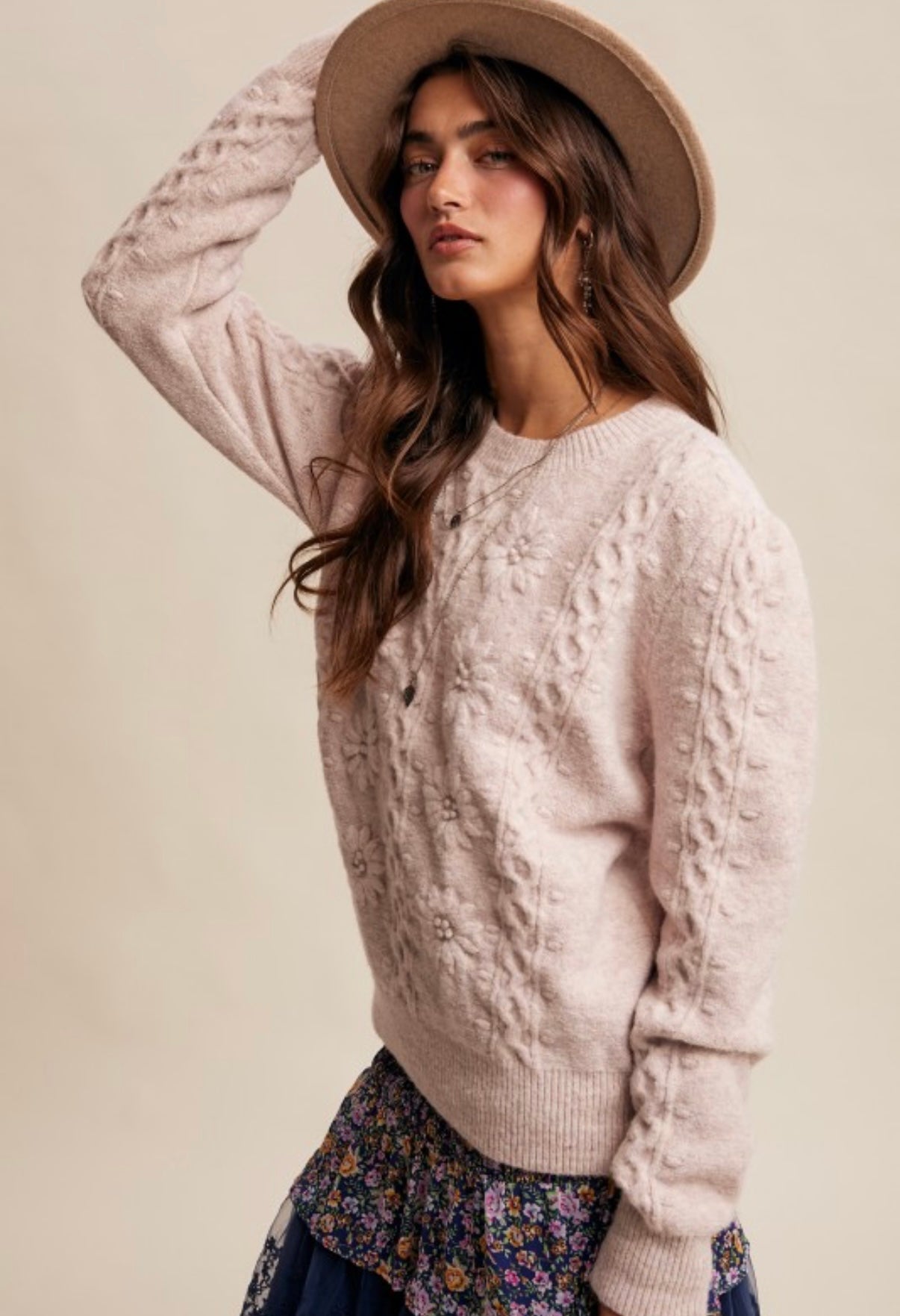 Rose Floral Cable Knit Sweater