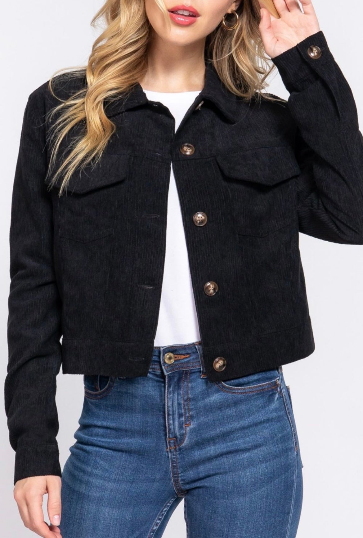 Black Full Button Corduroy Jacket