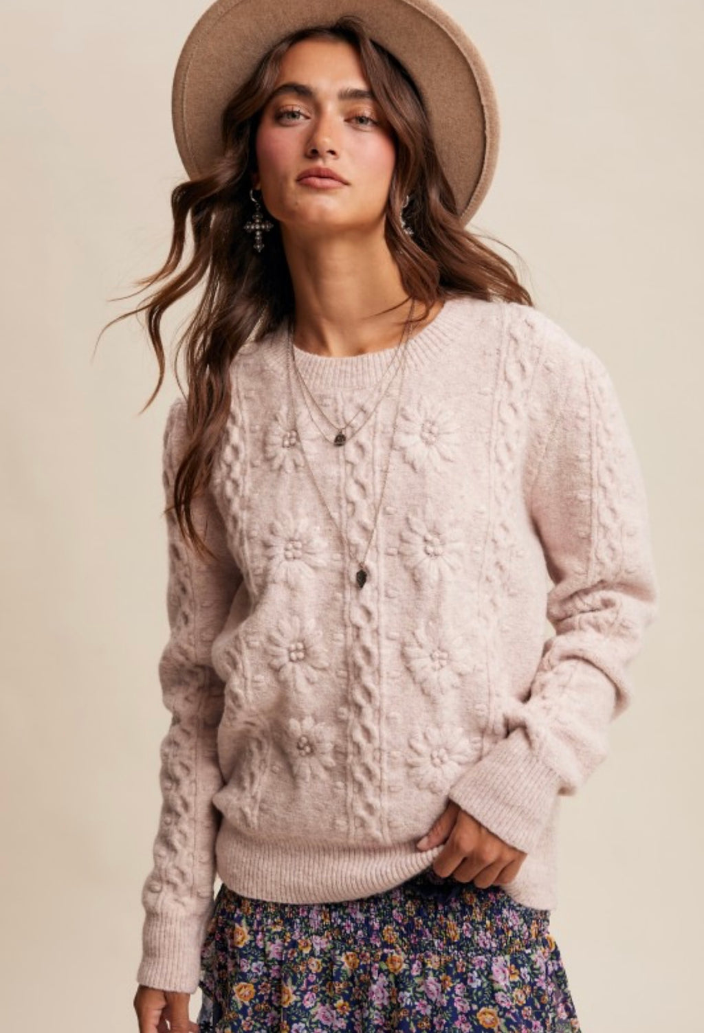 Rose Floral Cable Knit Sweater