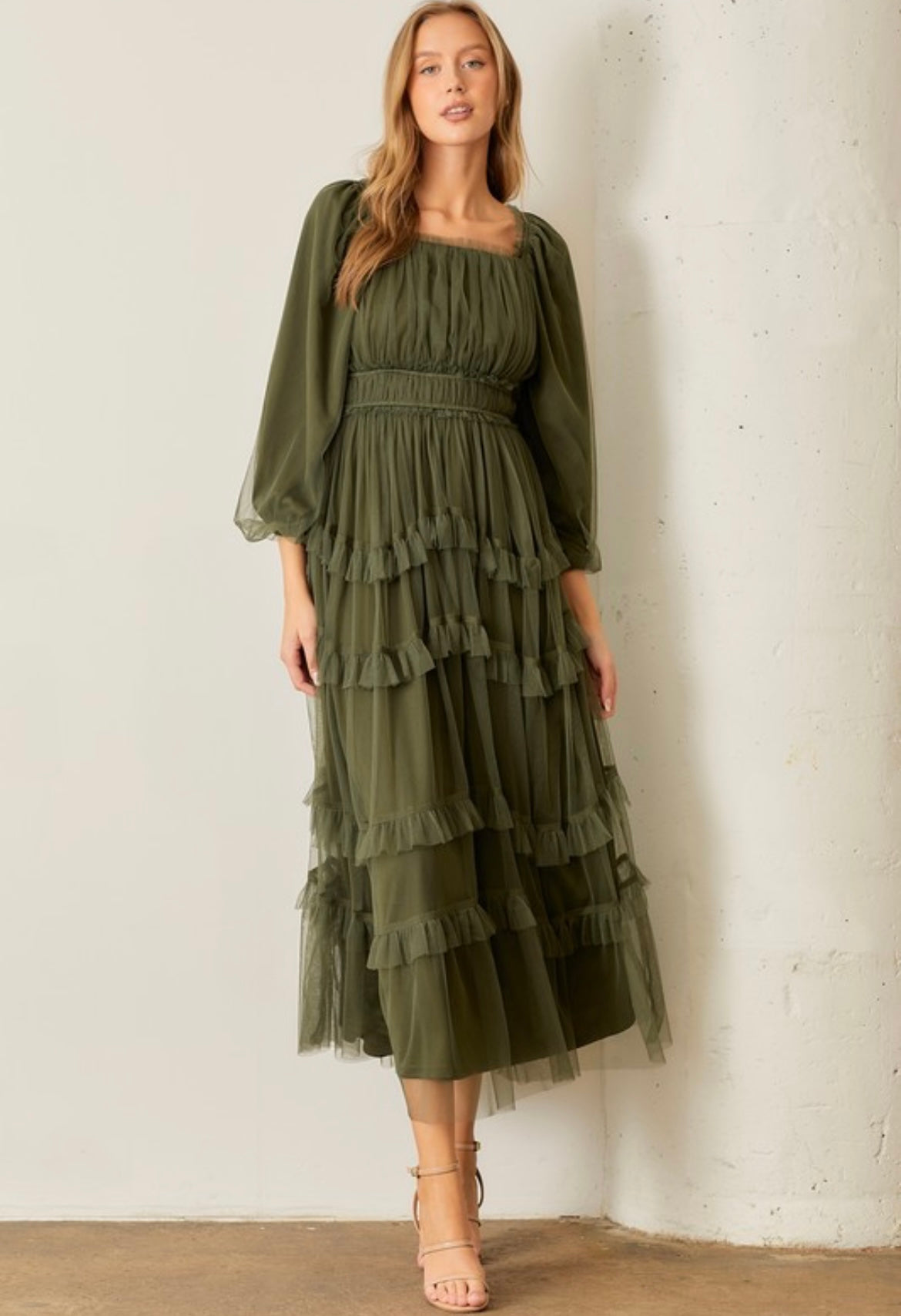 Ruffle Tiered Dress Dark Olive