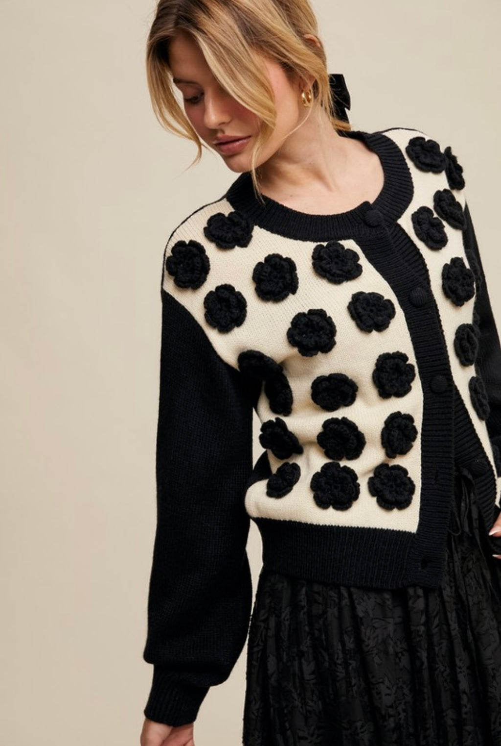 Handmade Rose Appliqué Cropped Sweater