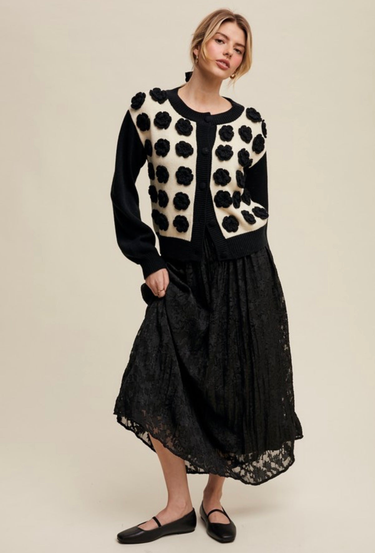 Handmade Rose Appliqué Cropped Sweater