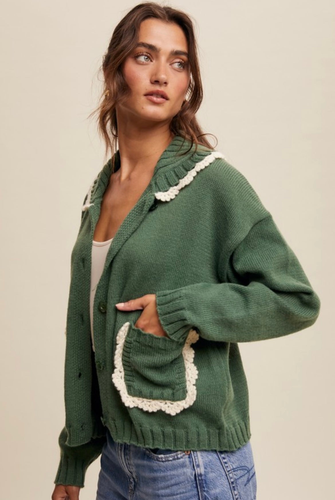 Eucalyptus Green Cardigan with trim