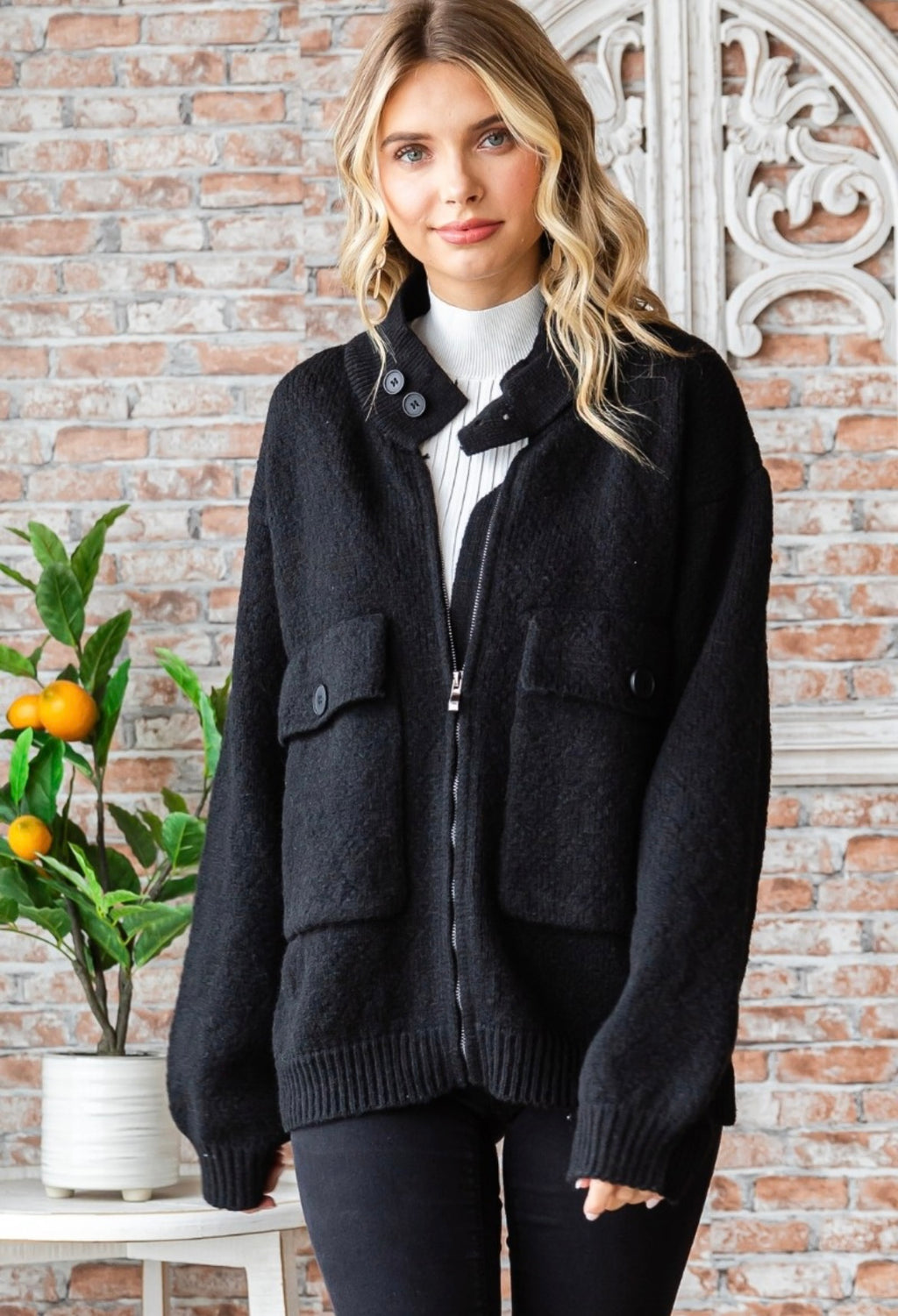 Black Sweater Jacket with Front Pockets