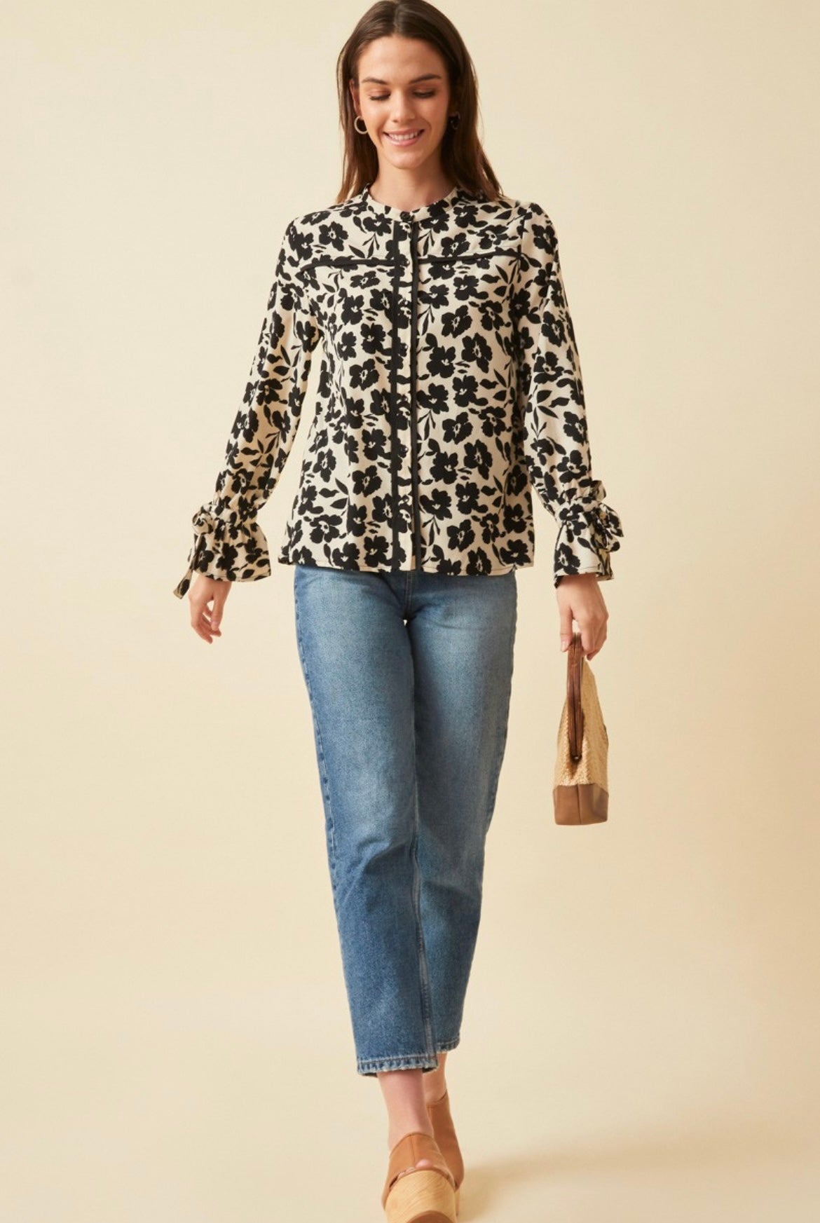 Floral Print Top With Tie Sleeves
