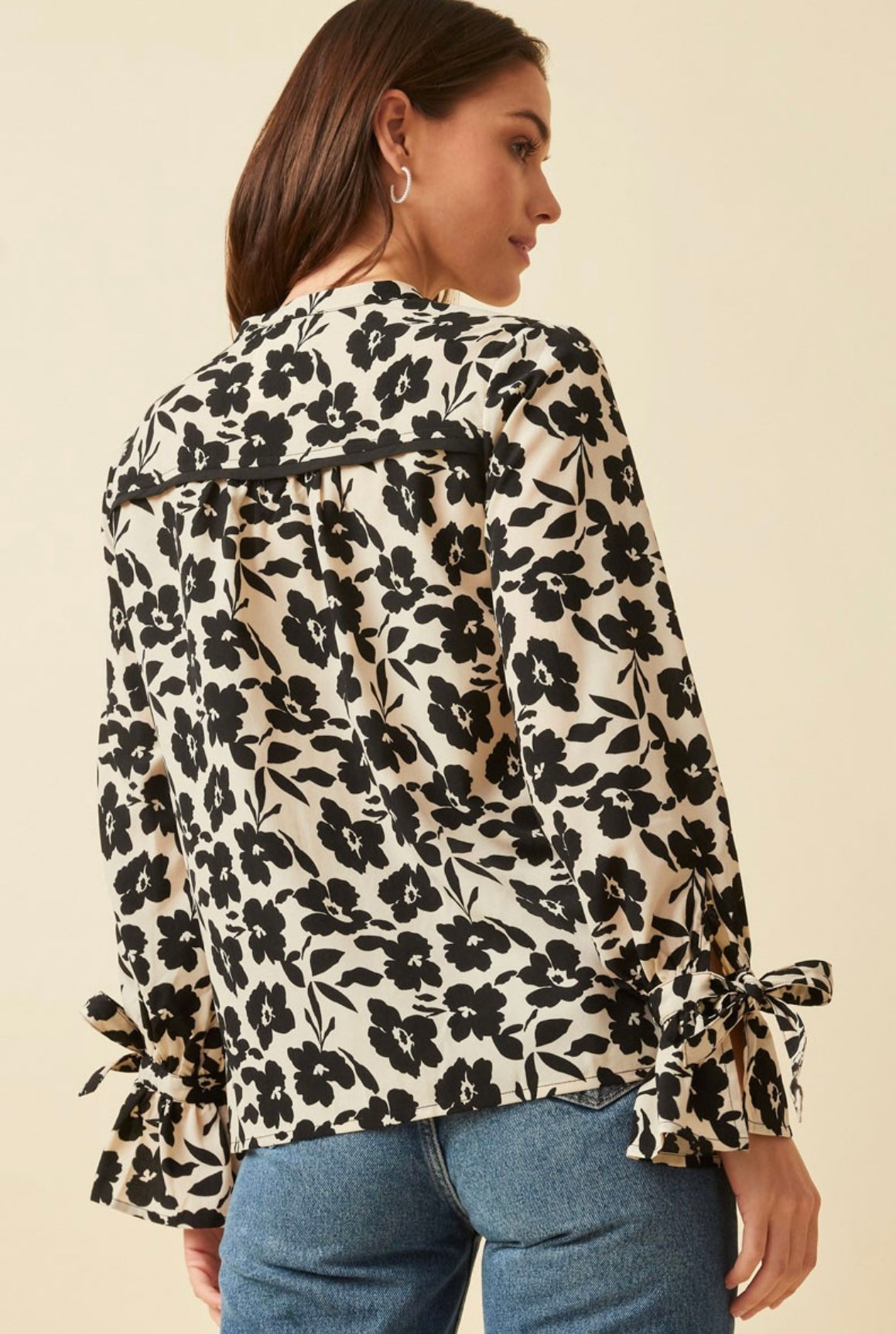 Floral Print Top With Tie Sleeves
