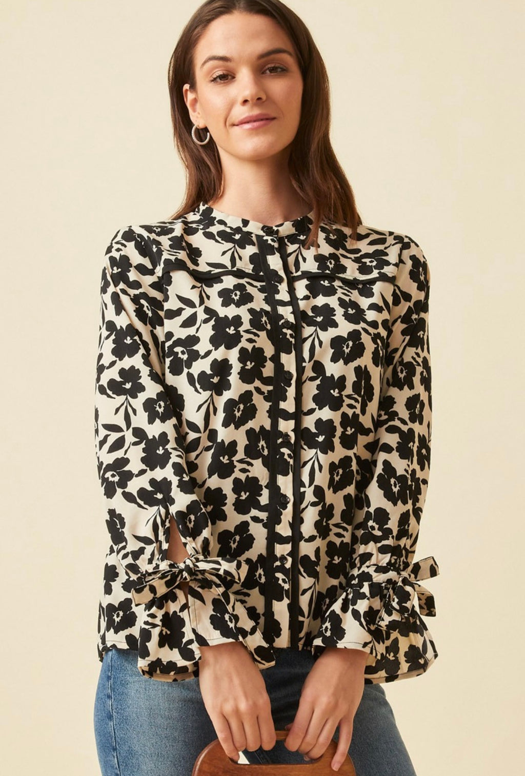 Floral Print Top With Tie Sleeves