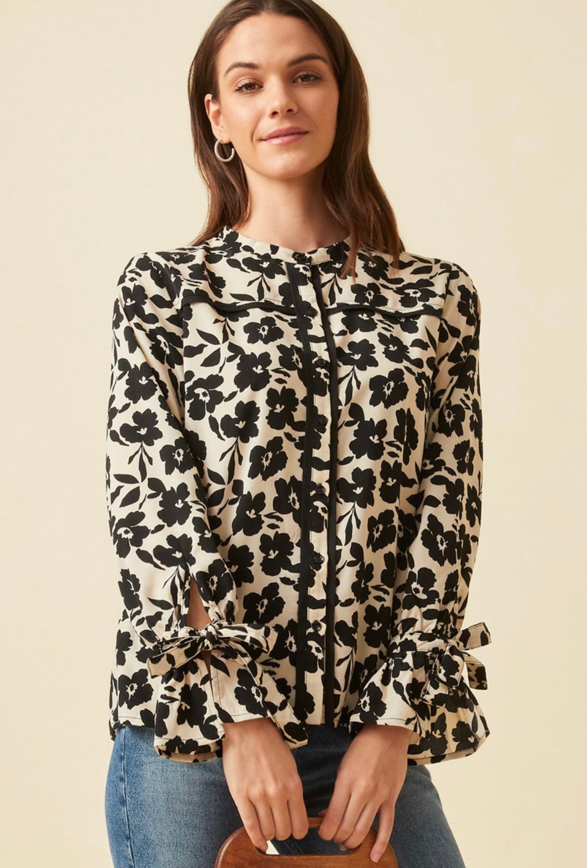 Floral Print Top With Tie Sleeves