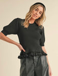 Black Ribbed Sweater with Ruffle Trim