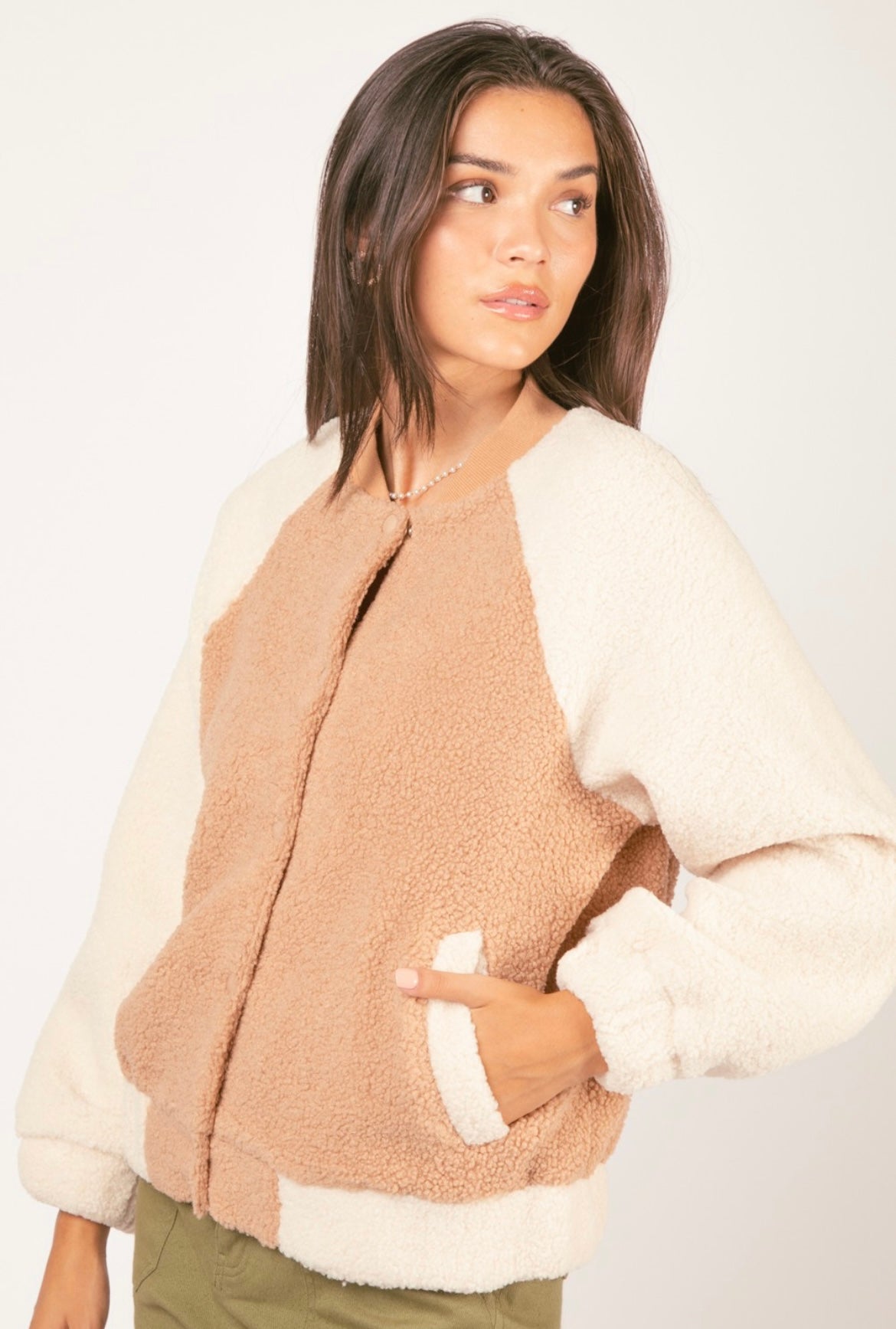 Cream Colorblock Sherpa Jacket