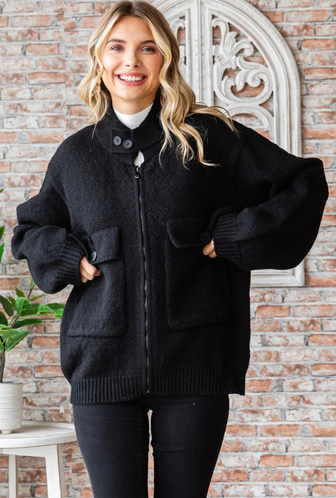 Black Sweater Jacket with Front Pockets