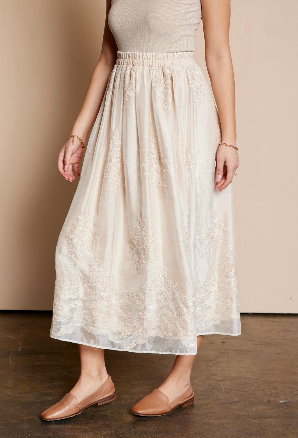 Creamy Champagne Embroidered Skirt