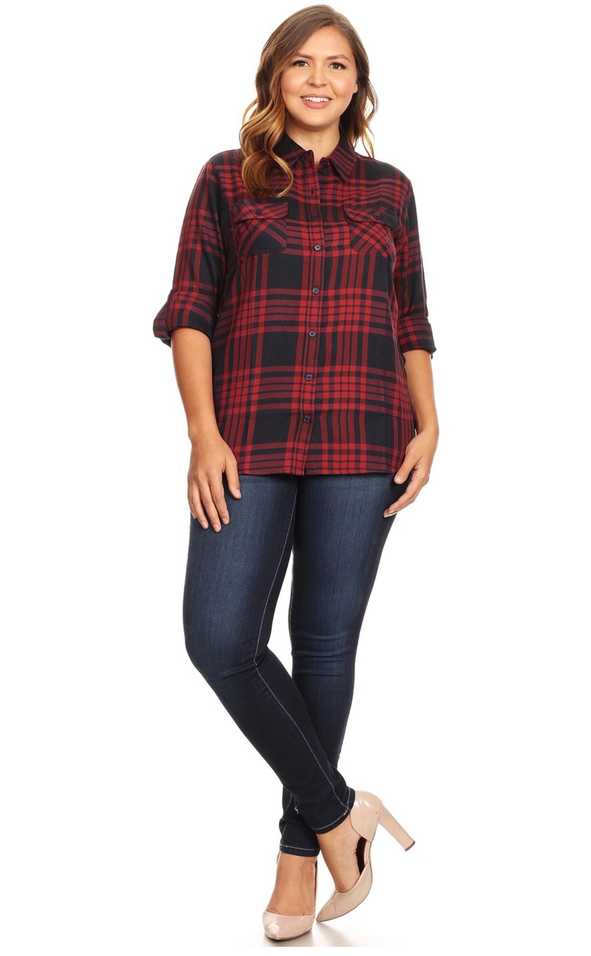 Plaid Navy/Deep Red Woven Top