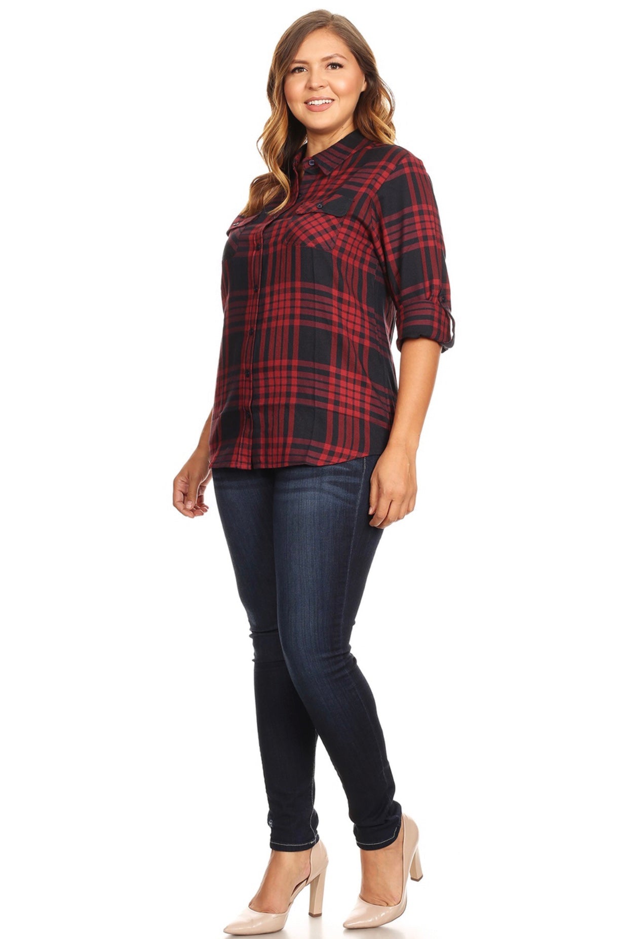Plaid Navy/Deep Red Woven Top