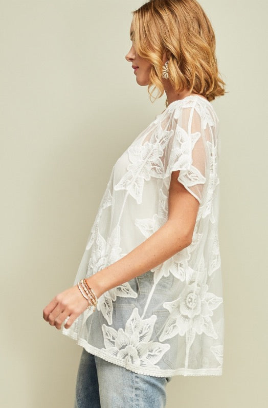 Off White Mesh Top with Floral Embroidered Detail