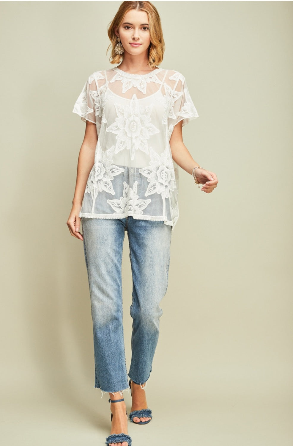 Off White Mesh Top with Floral Embroidered Detail