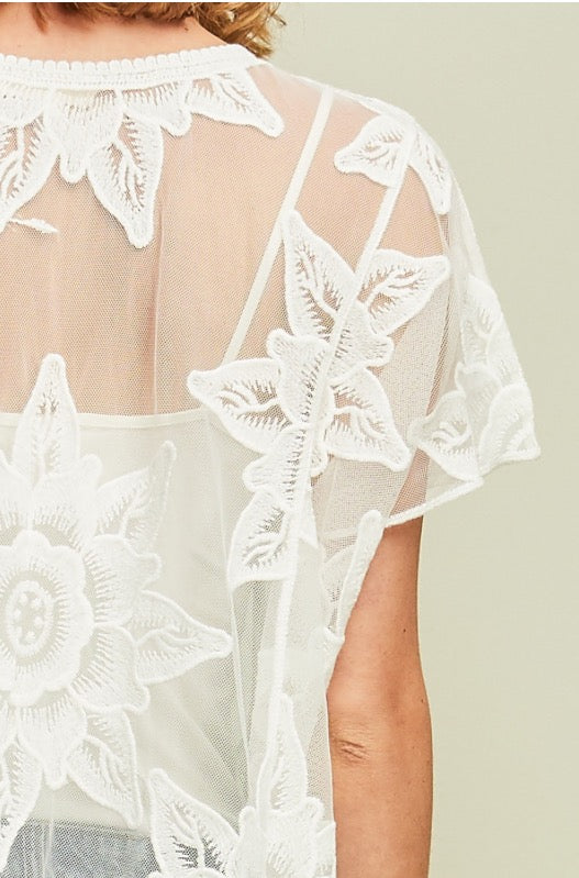 Off White Mesh Top with Floral Embroidered Detail – Bays and Brooks