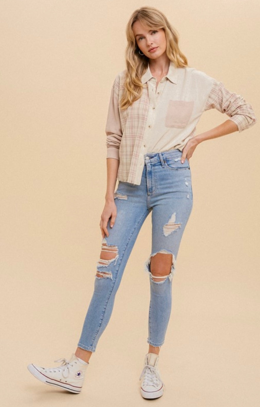 Colorblock button down top