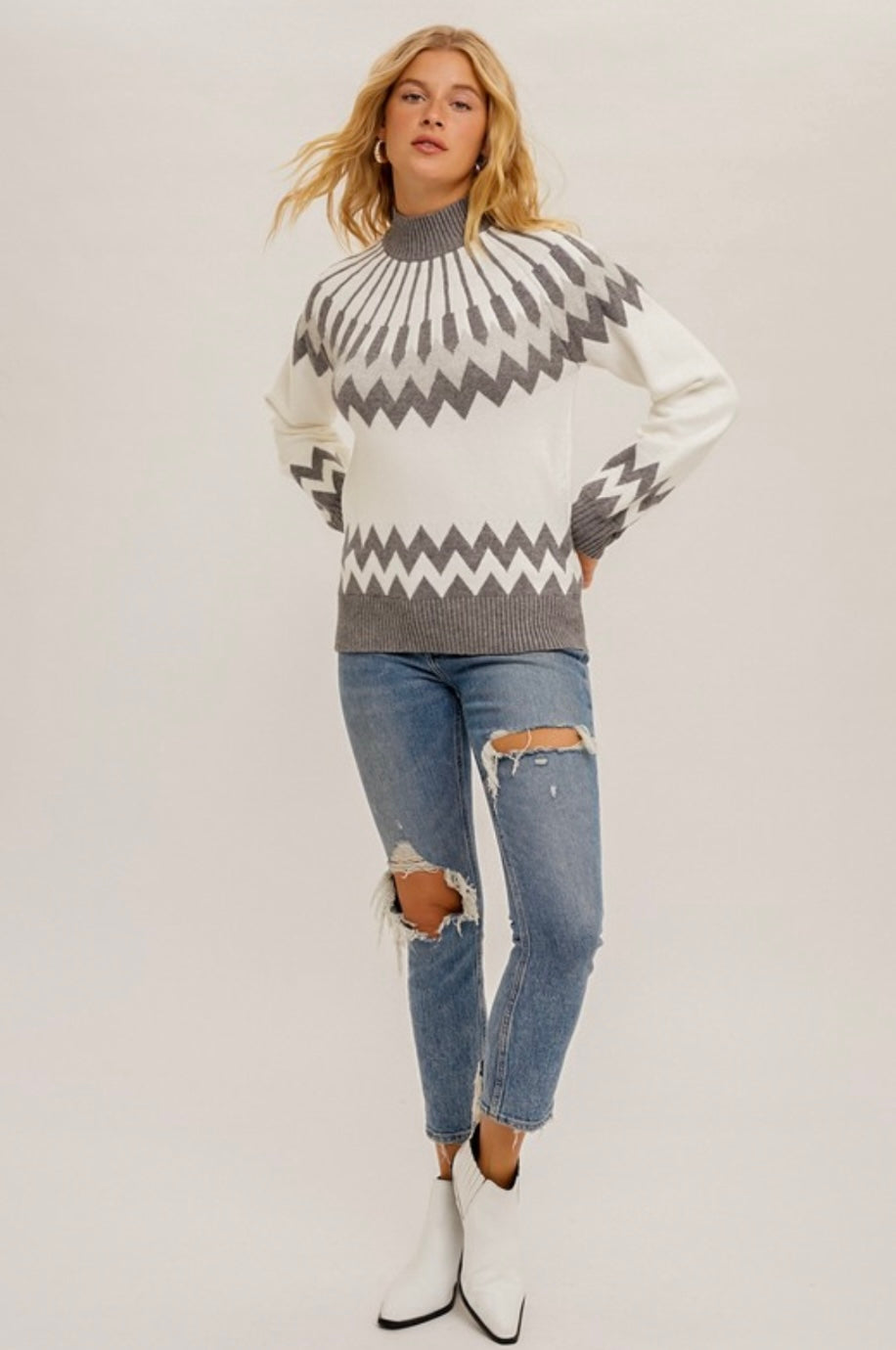 White / Grey Zig Zag Mock Sweater