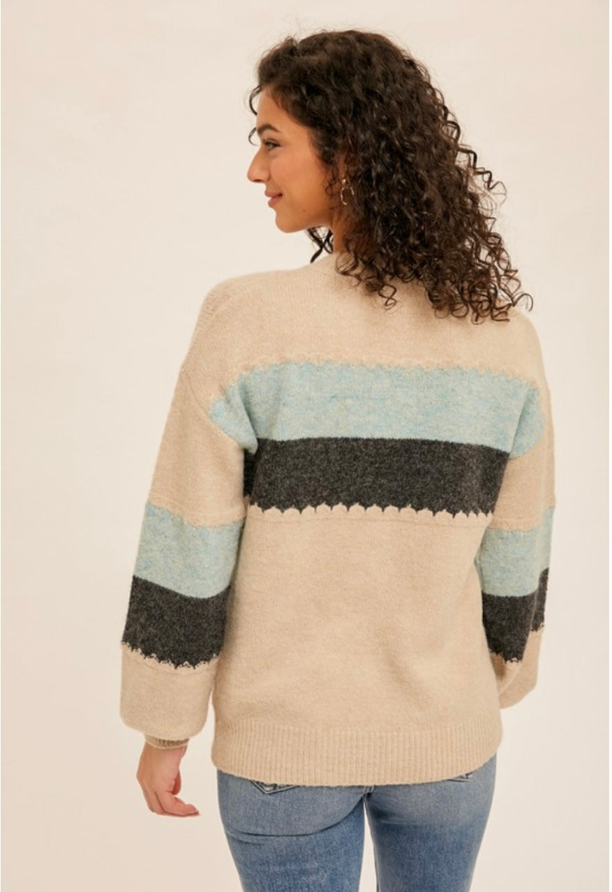 Aspen Oatmeal Stripe Henley Sweater
