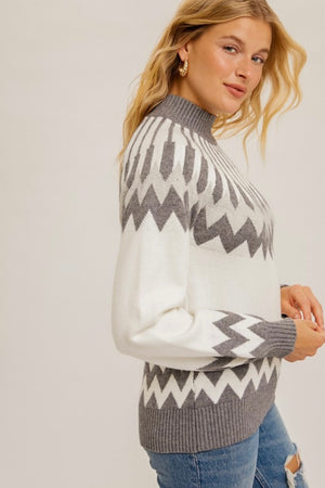 White / Grey Zig Zag Mock Sweater