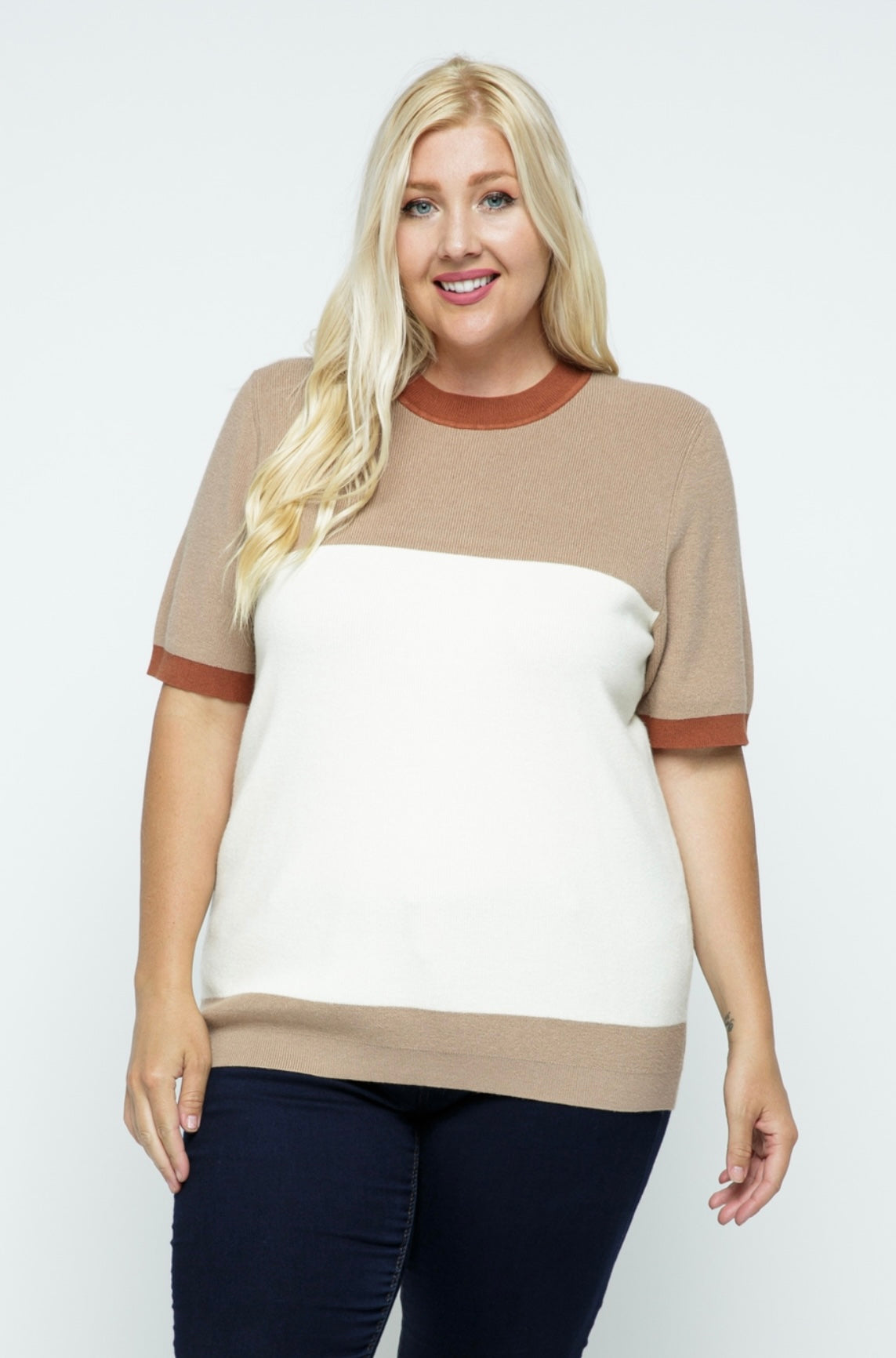 Colorblock Short Sleeve Sweater Natural