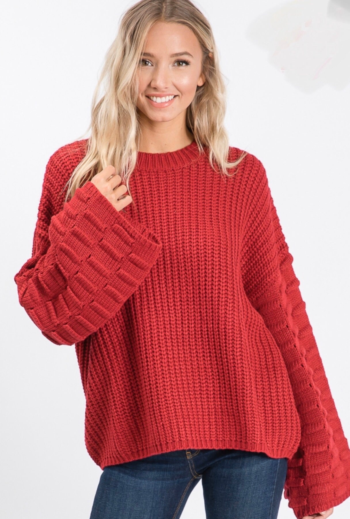 Red Cozy Sweater with PomPom Sleeve