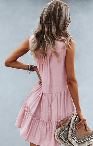 Pink V-Neck Ruffle Dress