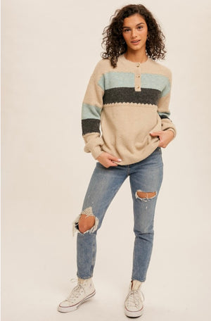 Aspen Oatmeal Stripe Henley Sweater