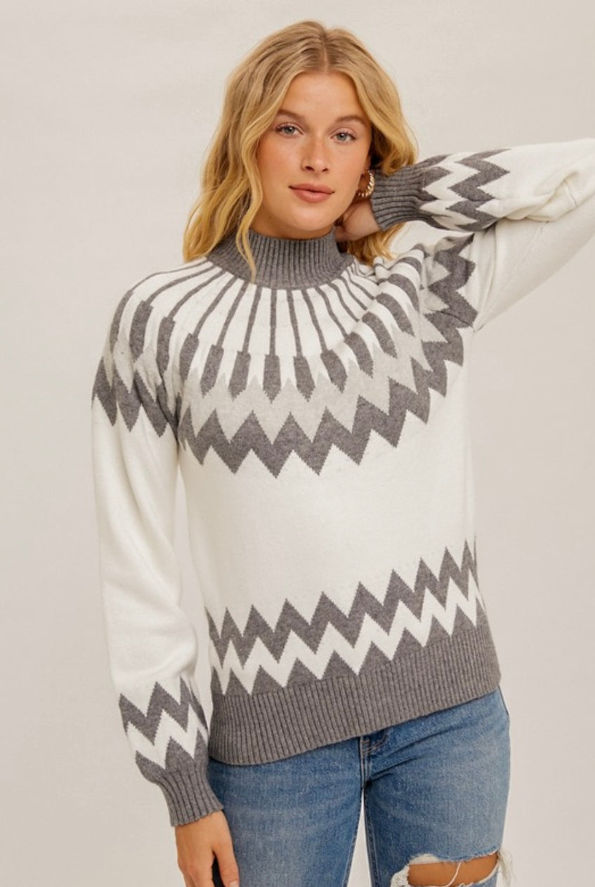 White / Grey Zig Zag Mock Sweater