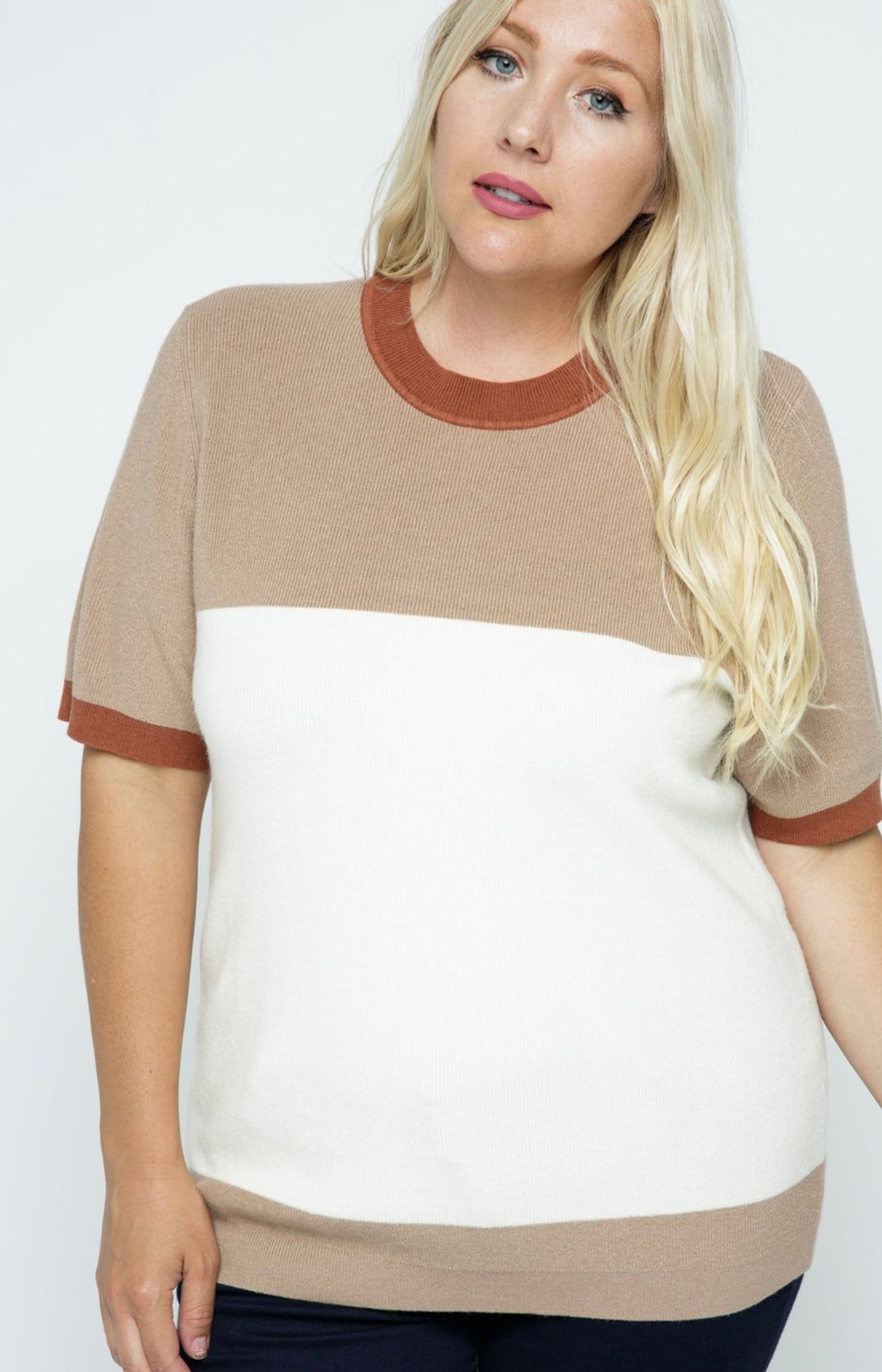 Colorblock Short Sleeve Sweater Natural