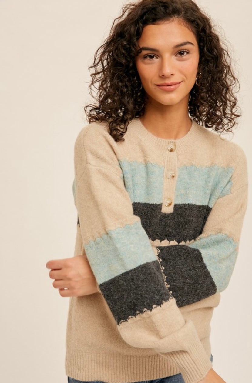 Aspen Oatmeal Stripe Henley Sweater