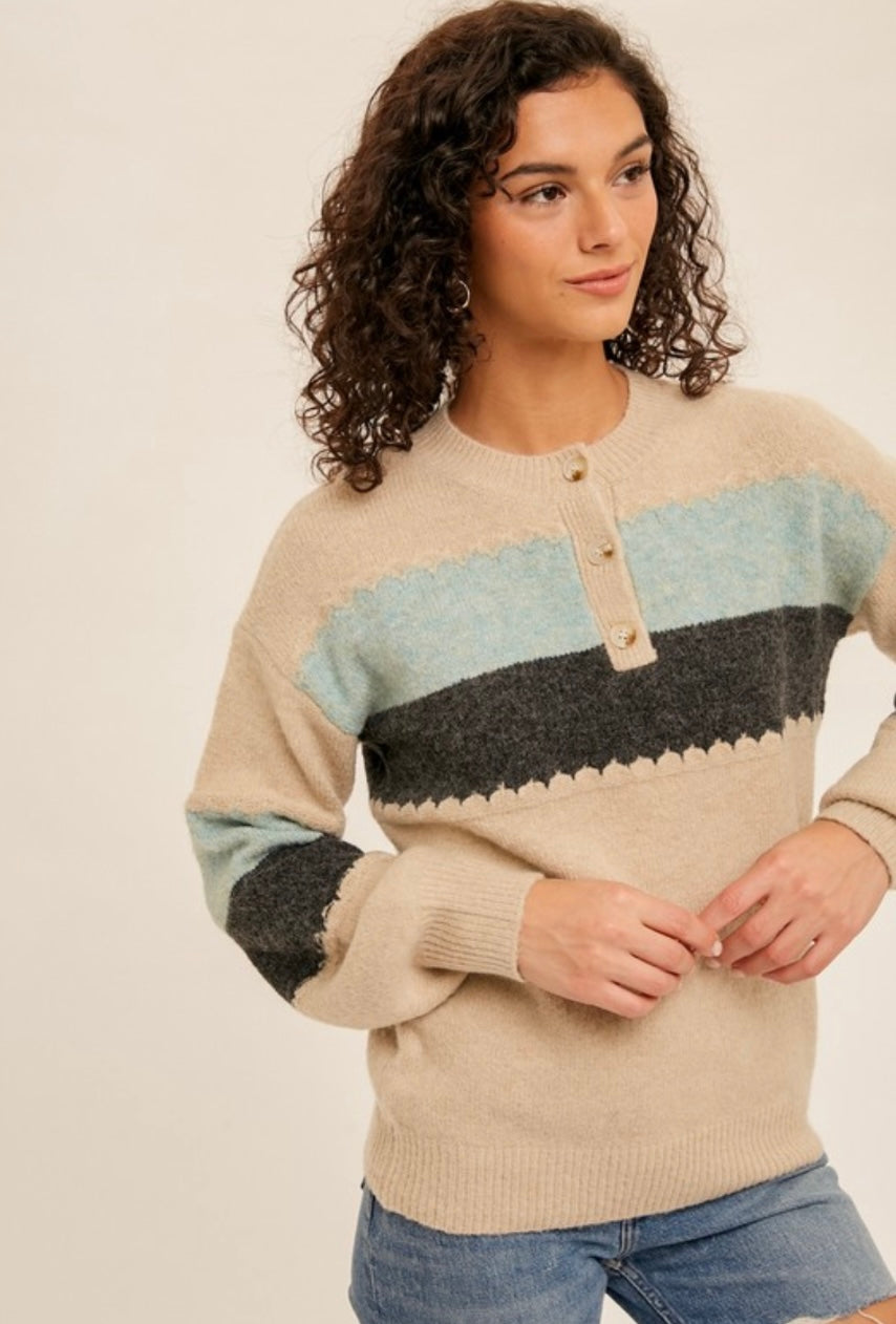 Aspen Oatmeal Stripe Henley Sweater