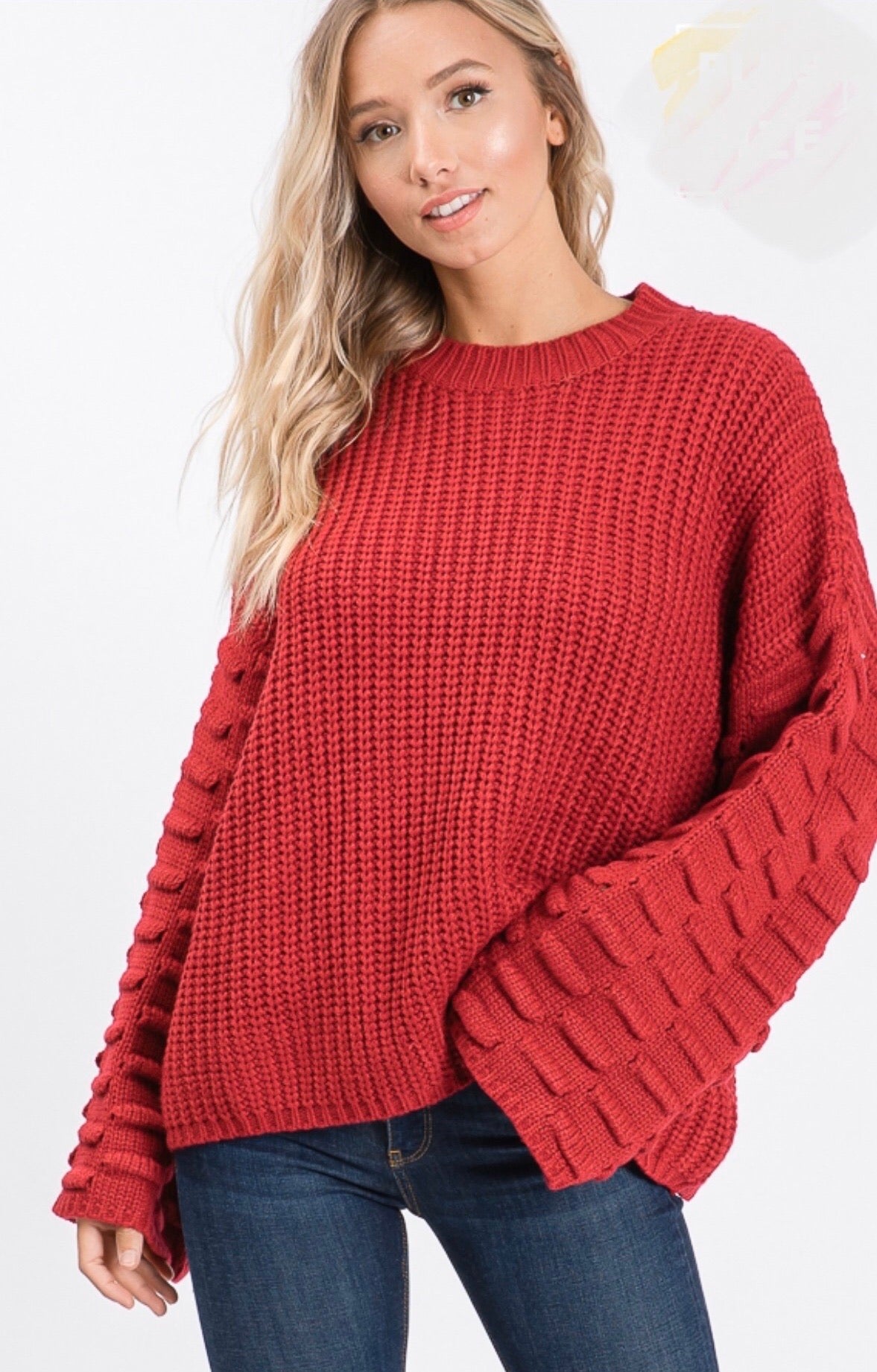 Red Cozy Sweater with PomPom Sleeve – Bays and Brooks